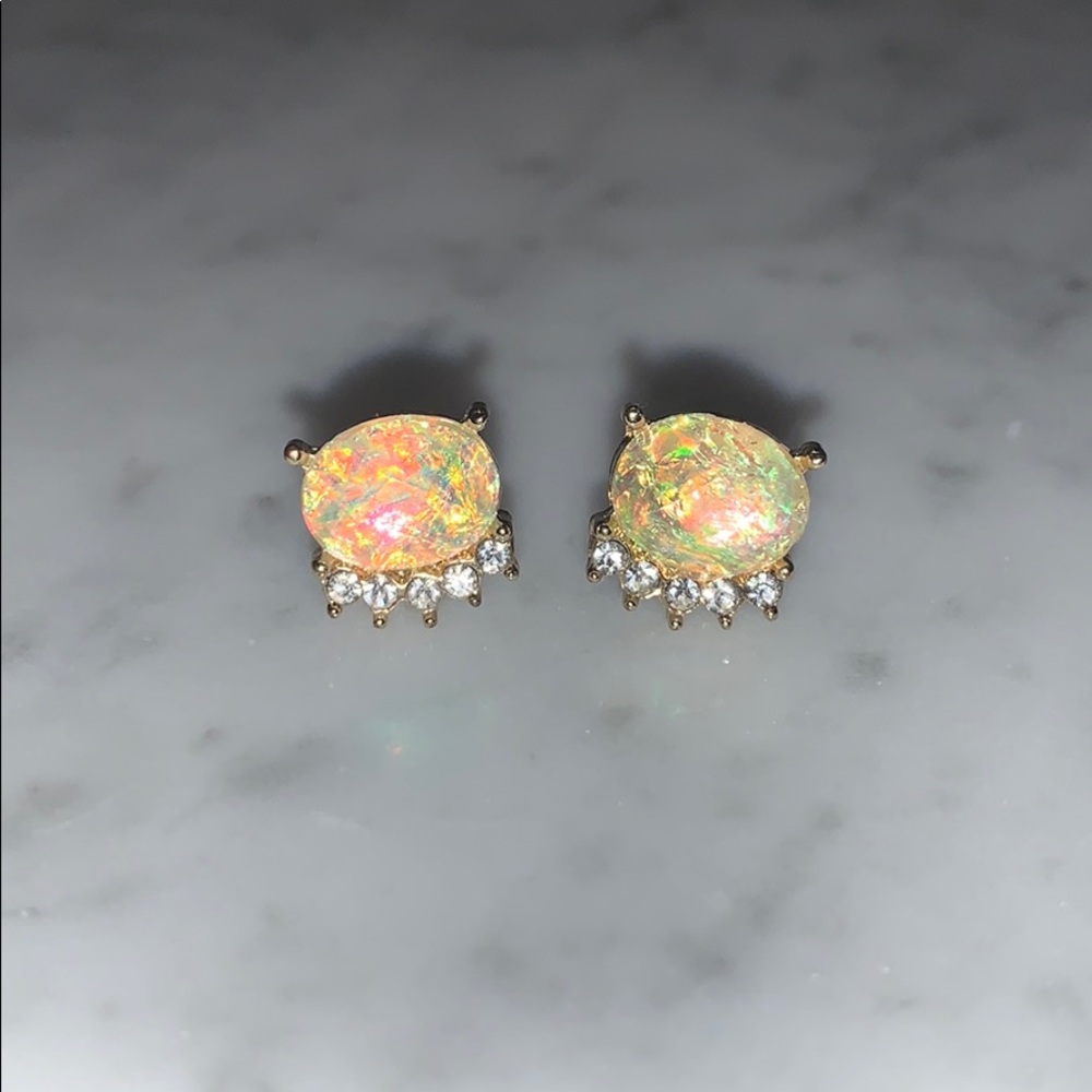 Iridescent peach stone studs with mini diamonds